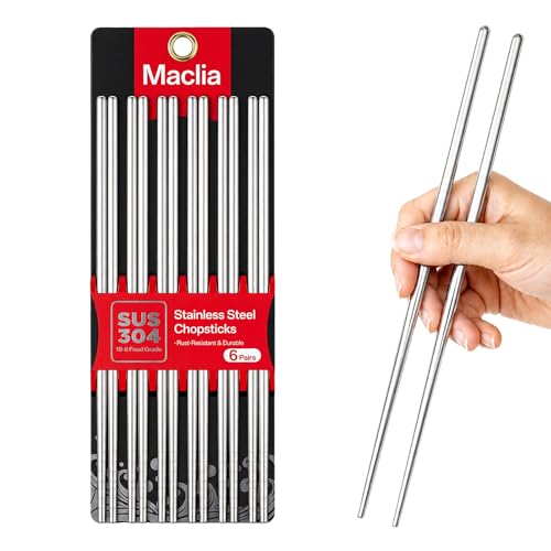 Maclia 6 Pairs Silver Reusable Stainless Steel Chopsticks - Food Grade, Non-Slip, Durable
