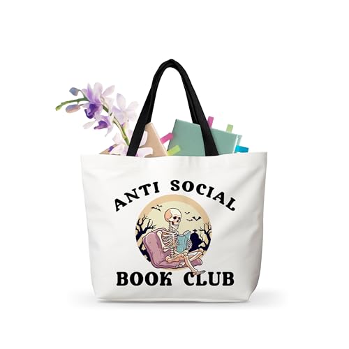 Canvas Tote Bag Library Black Reusable Shoulder Bag for Grocery Shopping