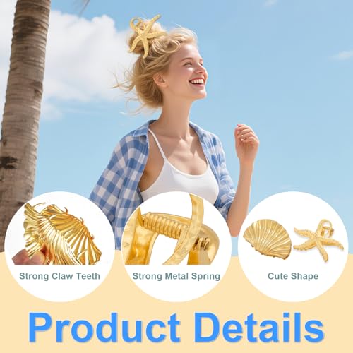 Zkptops Gold Metal Seashell & Starfish Hair Claw Clips 2-Piece Set