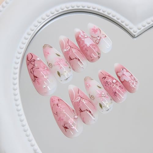 Pink Flower Press on Nails Medium Almond Fake Nails with Bow and Pearls