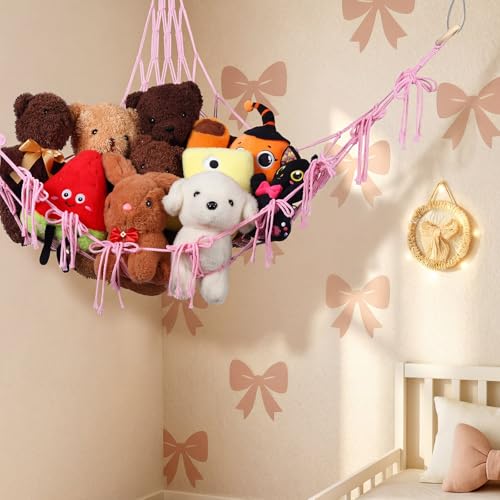 Ribbonlic Pink Bow Stuffed Animal Hammock - Boho Corner Plushie Organizer