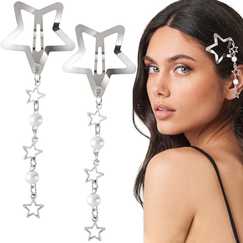 Star Pearl Snap Hair Clips 2pcs - Silver Y2K Tassel Hair Barrettes