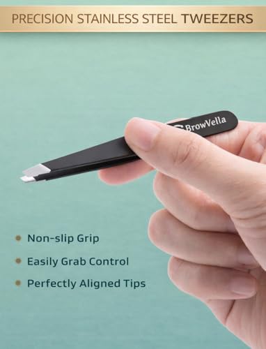 BrowVella Precision Slant Tip Eyebrow Tweezers - Black Stainless Steel