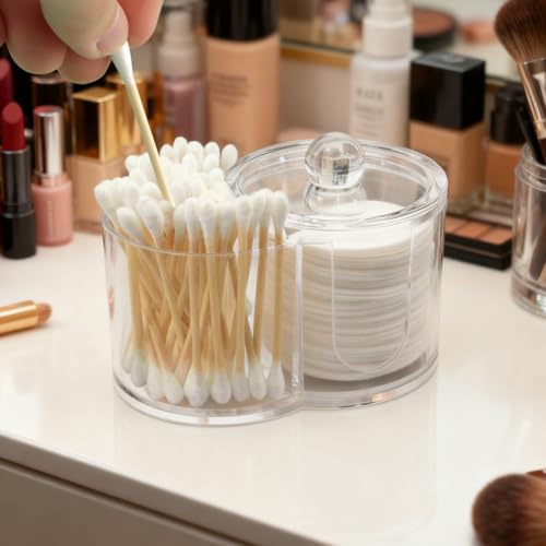 Acrylic Q Tip Holder with Dustproof Lid - Dual-Compartment Organizer