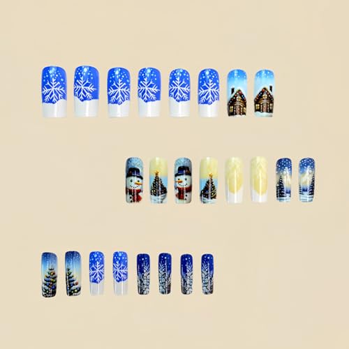 Glossy Blue Christmas Press-On Nails Medium Square Fake Nails with Snowman & Snowflake Design and 3D Rhinestones