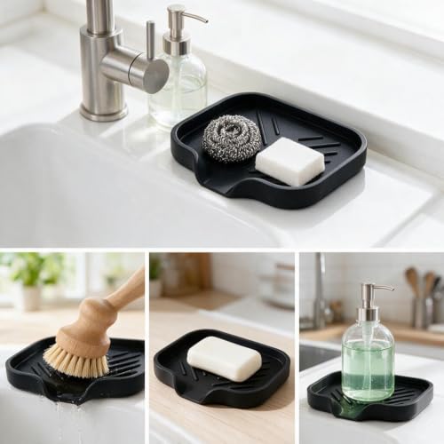 Self-Draining Silicone Soap Dish for Kitchen & Bathroom - Black