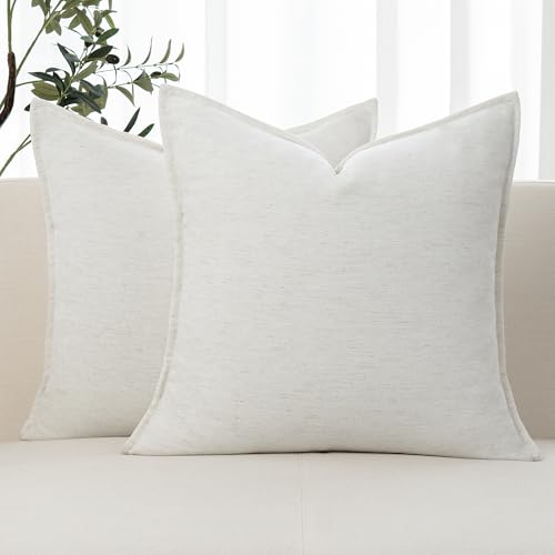 iPAHANA Pearl White Chenille Linen Throw Pillow Covers 18x18 Set of 2 - Boho Farmhouse Decor