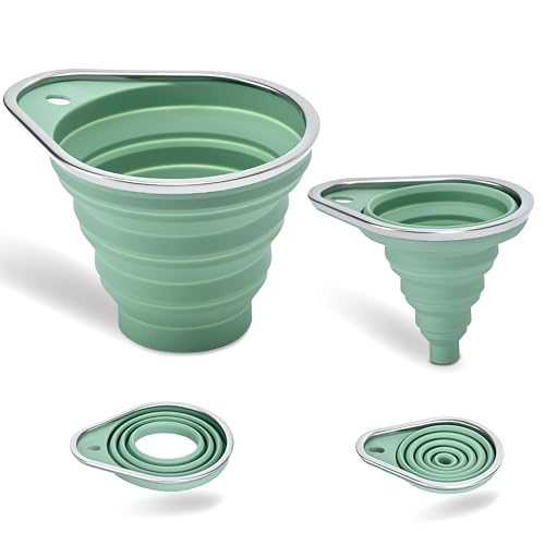 Stainless Steel Rim Silicone Collapsible Funnel Set - Large & Small Green