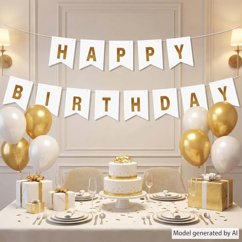 Elegant White Gold Happy Birthday Banner - Reusable Party Decor