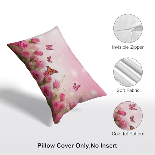 Roses Butterfly Throw Pillow Cover 20x30 Inches - Floral Accent