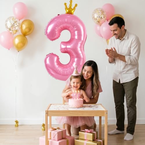 40 Inch Pink Crown Number Balloon for 3rd Birthday Party