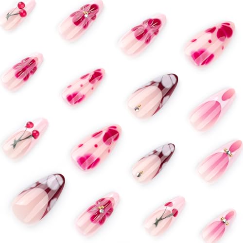 3D Cherry Blossom Press On Nails Rhinestone Almond False Nails Kit