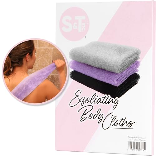 S&T INC. Exfoliating Back Scrubber Towel for Shower, 3 Pack, Assorted