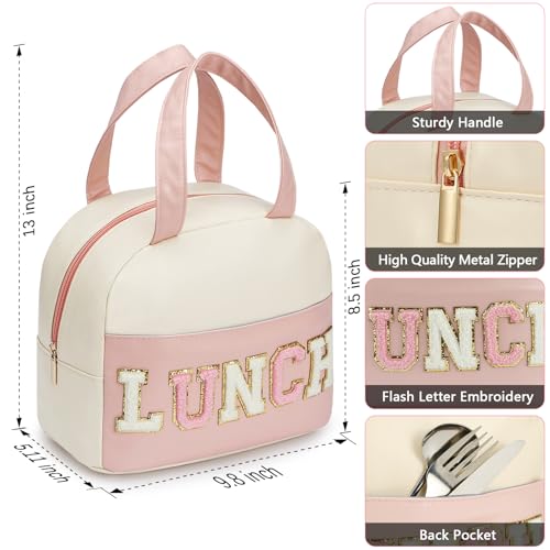 Insulated Lunch Bag for Women and Men - PU Leather Small Office Tote with Variation B-White&Pink