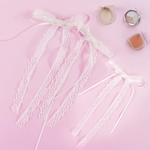 White Lace Hair Bow with Long Tail - Coquette Hair Clip Pair