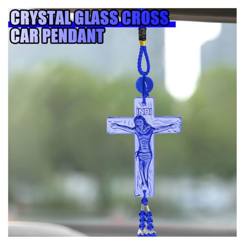 Crystal Jesus Cross Rearview Mirror Charm with Tassel - Blue