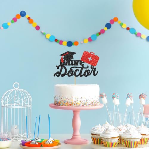 Future Doctor Graduation Cake Topper - Black Red Glitter Decoration