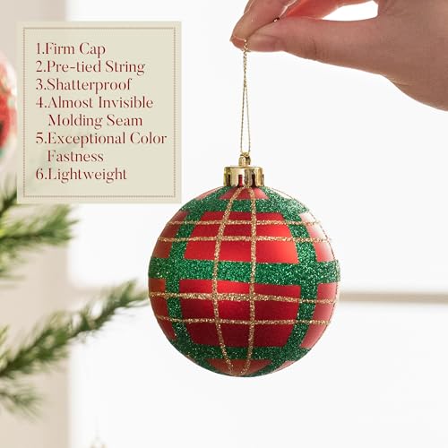 Christmas Tree Ornaments Set - Red Green Gold Large 3.2 Inch - 16pcs Holiday Decor