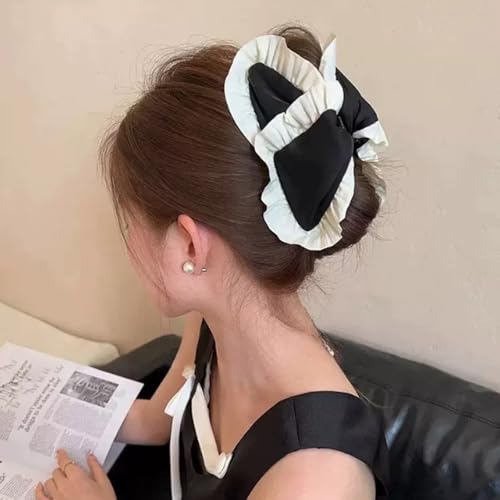 iRIIRIO 2pcs Cloth Covered Large Hair Claw Clips with Bow and Ruffled Edge