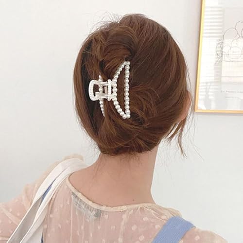 Large White Pearl Hair Claw Clips 2-Pack for Thick and Thin Hair