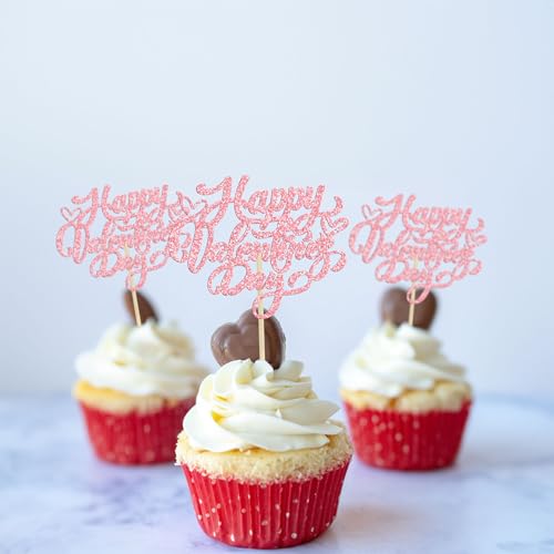 Valentine's Day Glitter Cupcake Toppers 24Pcs Pink Sweet Love Cake Picks
