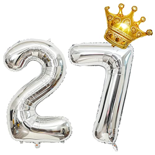32-Inch Silver Number 27 Balloon with Mini Crown for Birthday Parties