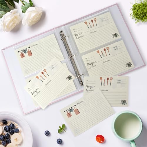 Meolsia Recipe Binder Kit, 7.9x9.4in 3-Ring Cookbook with 60 Sleeves & Cards