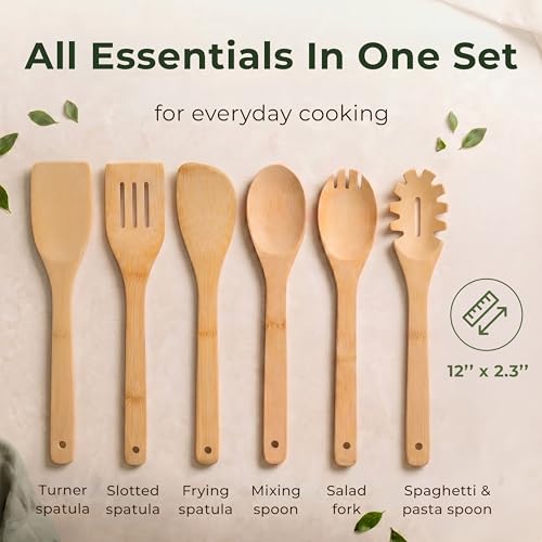 6-Piece Bamboo Cooking Utensils Set – Nonstick Safe Wooden Spoons