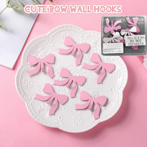 Pink Bow Wall Hooks - 6 Pack Metal Adhesive Door Hangers for Home & Kitchen Decor