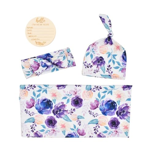 Terriboo Newborn Baby Swaddle Blanket Set with Headband, Purple Floral