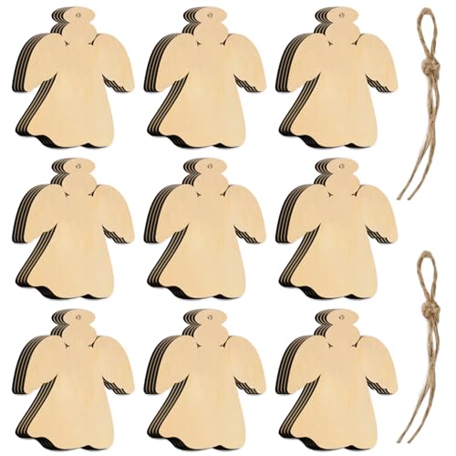 Wooden Angels Christmas Ornaments - Unfinished Wooden Angel Craft Set, 60 Pcs with Hemp Ropes - Angel Variation