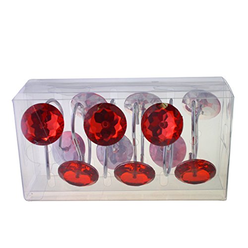 FINROS 12-Piece Red Diamond Crystal Bling Shower Curtain Hooks Rings