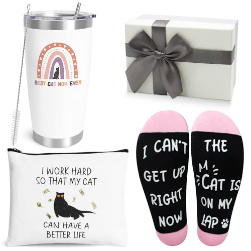 Cat Mom Gift Set for Cat Lovers - 20oz Wine Tumbler, Cosmetic Bag & Socks