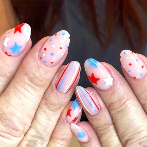 4th of July Short Almond Press on Nails Patriotic Red White & Blue False Nails