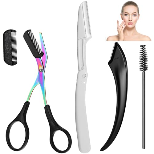 Ezymivs 4Pcs Eyebrow Trimmer Scissors with Comb and Razor Set