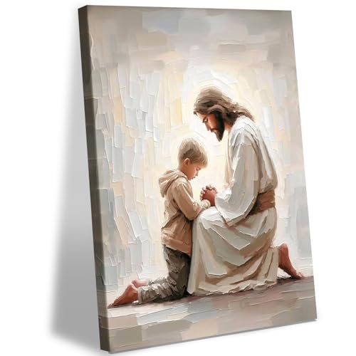 Christian Wall Art Canvas Prints Jesus and Boy Praying 16x24 Inches - Variation of Jesus and Boy / 24L x 16W
