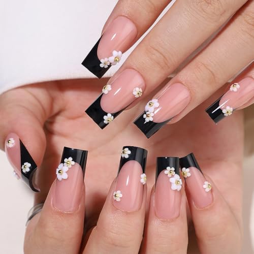 Black French Tip Press On Nails Long Square Fake Nails Kit with Flowers