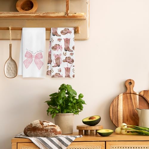 Coquette Pink Bow Kitchen Towels Set of 2 - Rustic Cowgirl Design