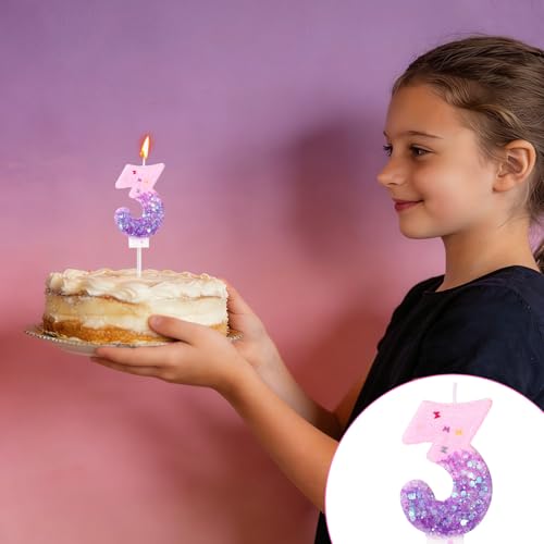 Glitter Pink & Purple Number 3 Birthday Candle Topper