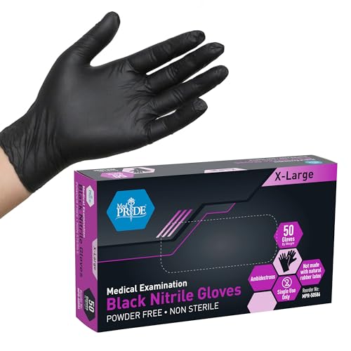 MED PRIDE Black Nitrile Exam Gloves - X-Large, Pack of 50 - Latex Free