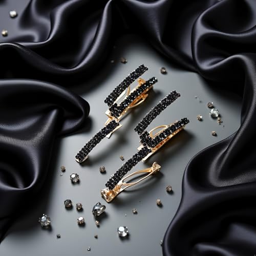 Black Rhinestone Hair Barrettes Metal Hair Clips 4-Piece Set