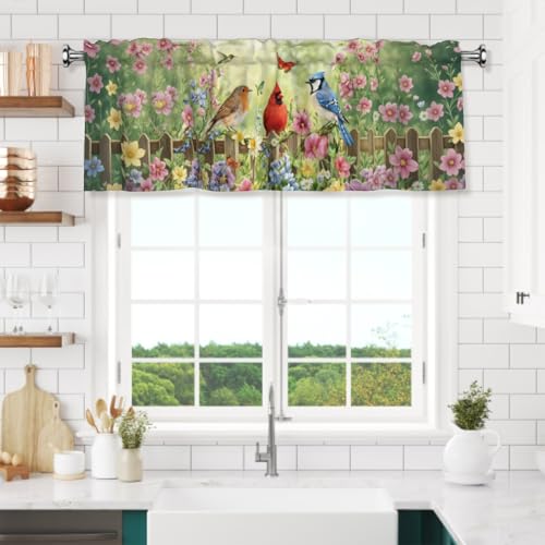 Birds and Flower Spring Kitchen Valance, 54x18 Inch Floral Window Curtain