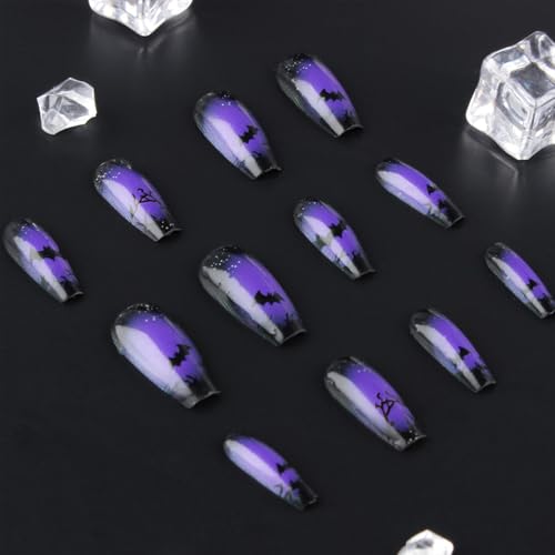Halloween Press on Nails Black Purple French Tip Bat False Nails