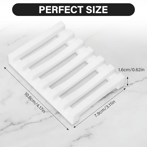 White Slotted Silicone Soap Dish - Self Draining Bathroom & Kitchen Soap Holder, Non Slip, Quick Dry