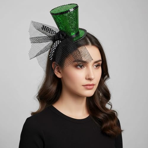 St. Patrick’s Day Green Sequin Mini Top Hat Headband with Tulle & Rose
