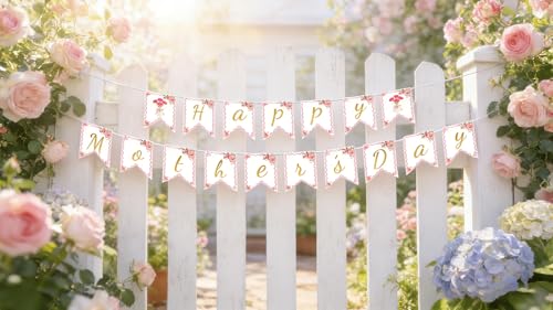 Happy Mother's Day Floral Banner with Gold Glitter Letters