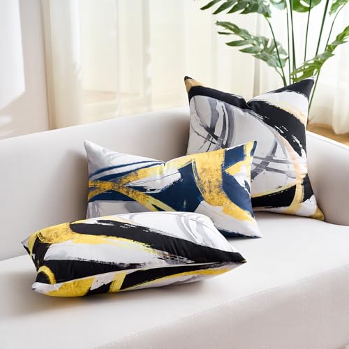 Wosendy Navy Blue Lumbar Throw Pillow Covers 12x20, Set of 2 Abstract Gold
