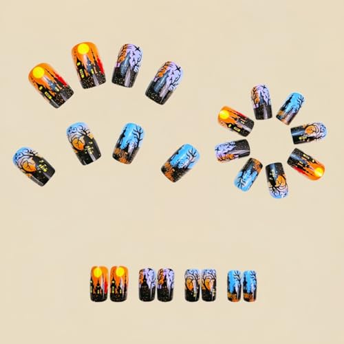 KTAABTR Halloween Short Press on Nails Horror Castle Square False Nails