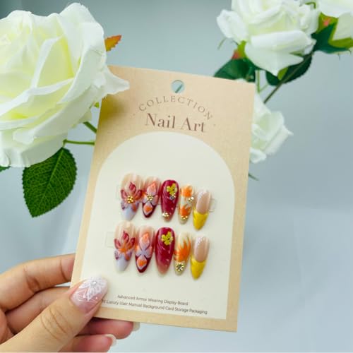 BUNLVDI Medium Almond French Press on Nails with Fall Maple Leaf and Gold Star Design