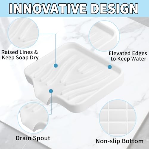 MCSDFN Silicone Soap Dish with Drain - Self-Draining Holder, White (2 Pack)